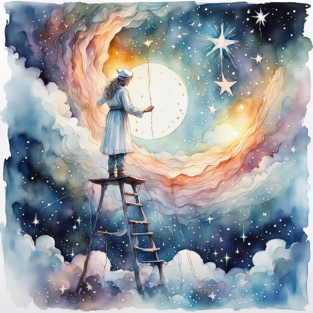 Surreal Watercolor of Old Man Touching Stars
