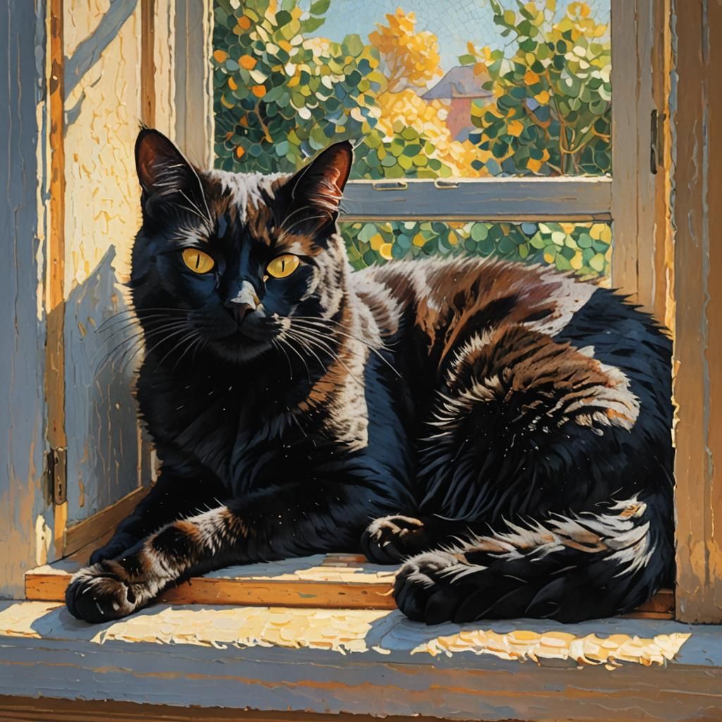 Black Cat Sunlight Nap in Impressionistic Style