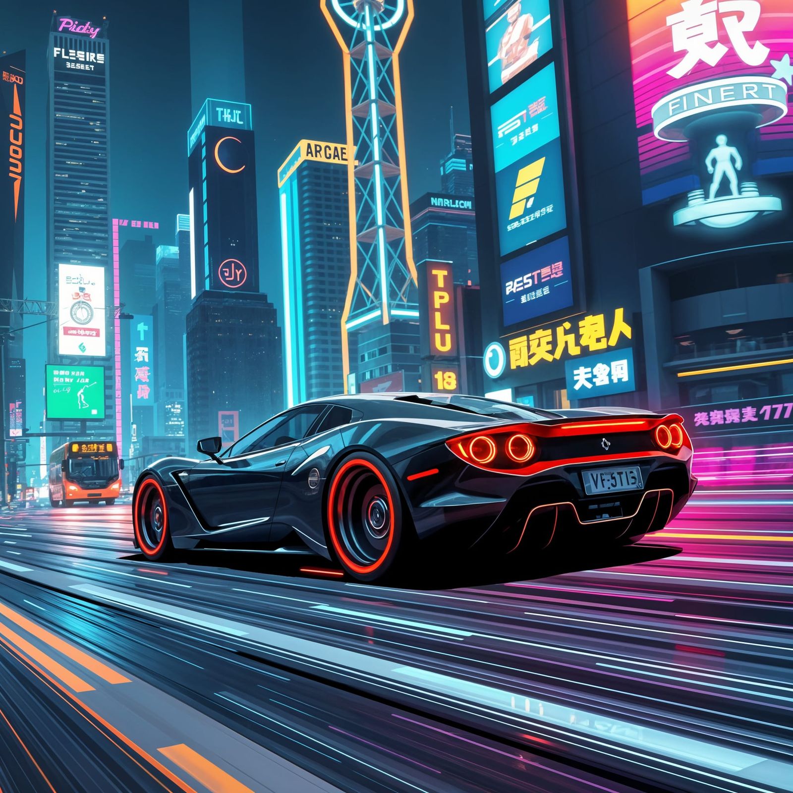 Futuristic Car Speeds Along Neon Highway at Night