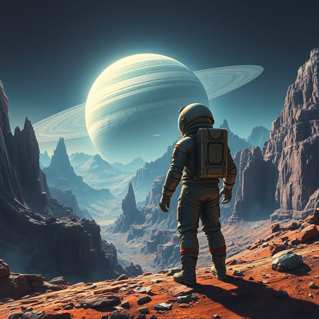 Astronaut on Alien Planet Gazing at Gas Giant