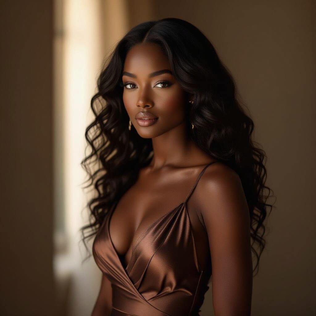 Elegant Woman in Silky Dress with Mysterious Aura