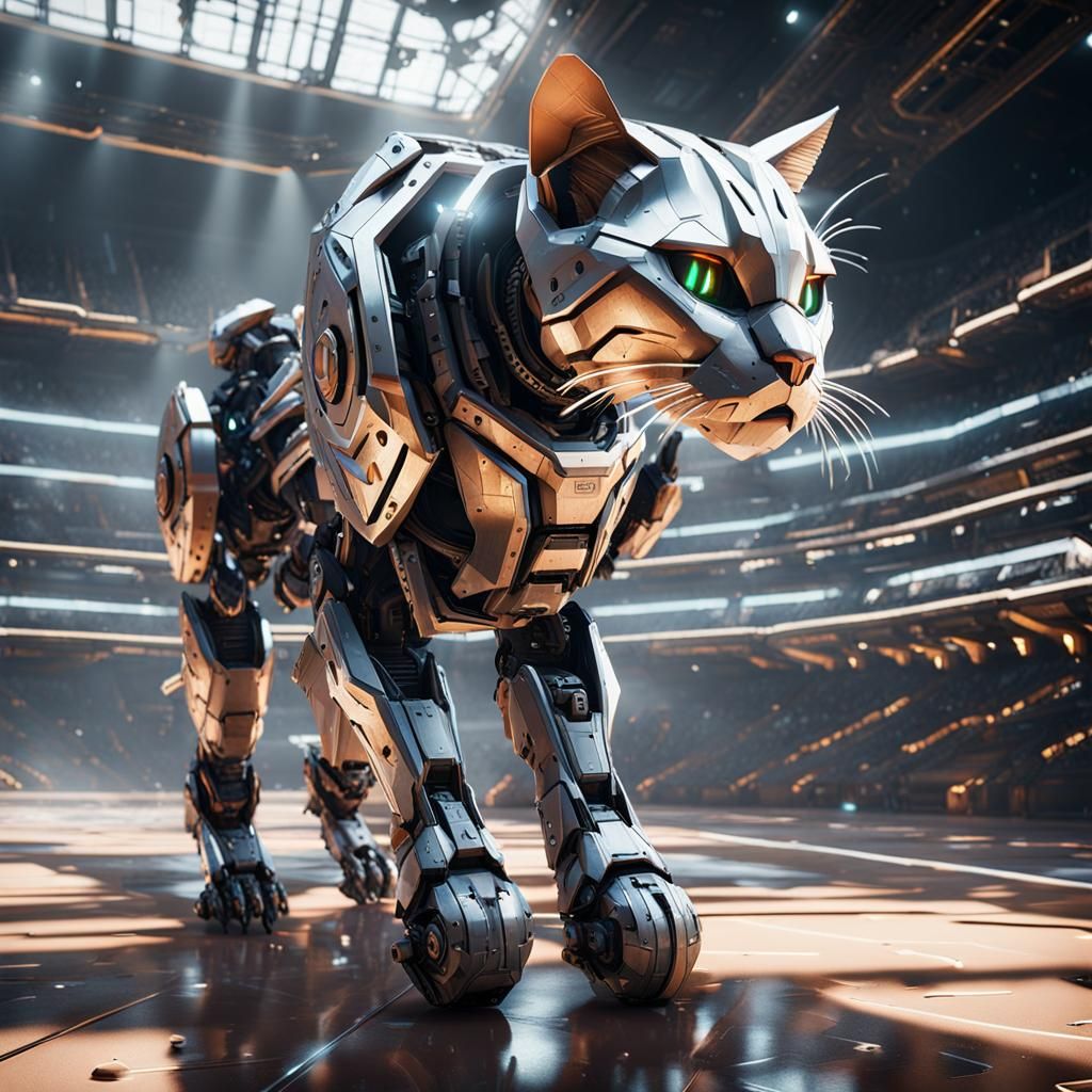 Futuristic Mecha Cat in Sci-Fi Arena