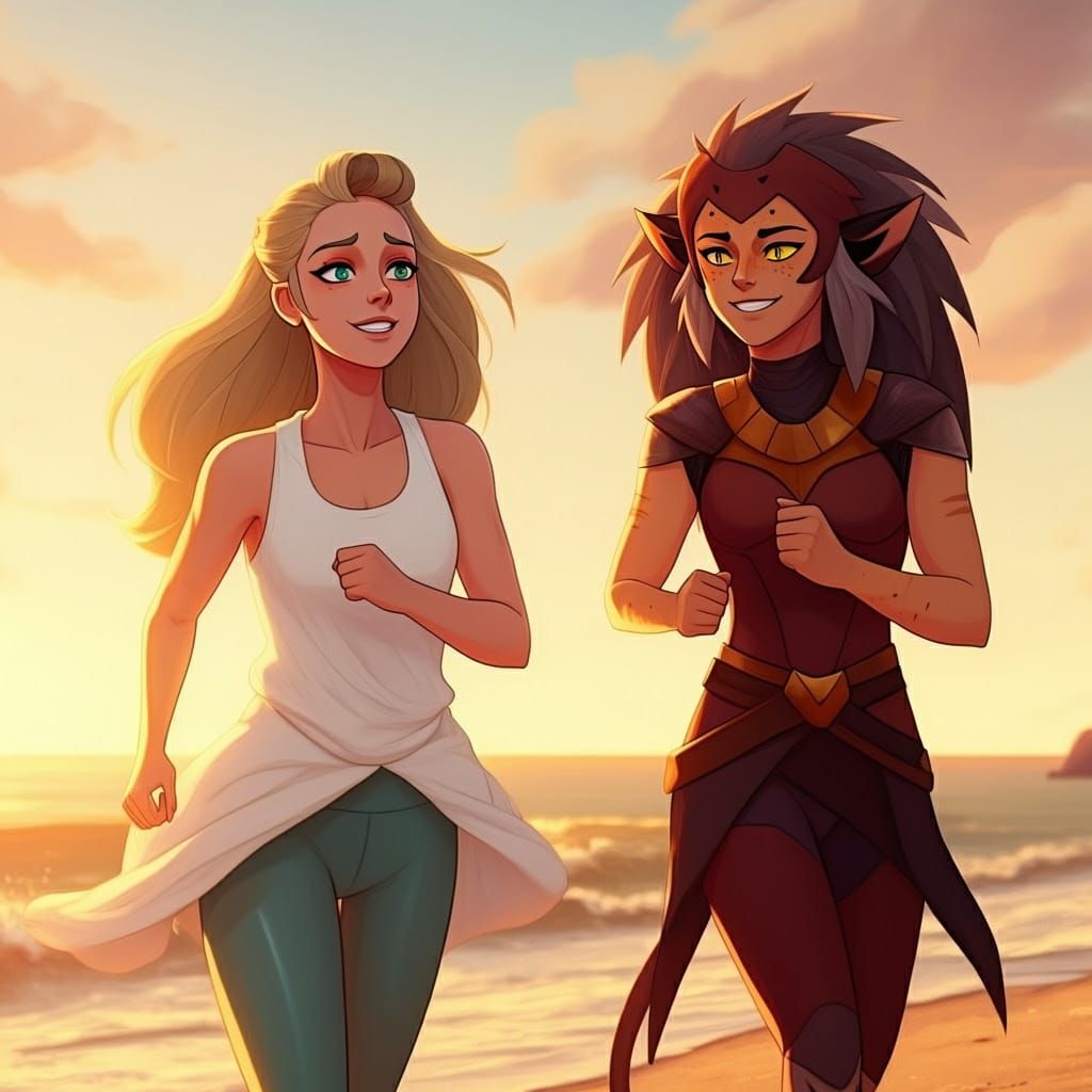 Princesses Embracing Joy on a Sunset Beach Run