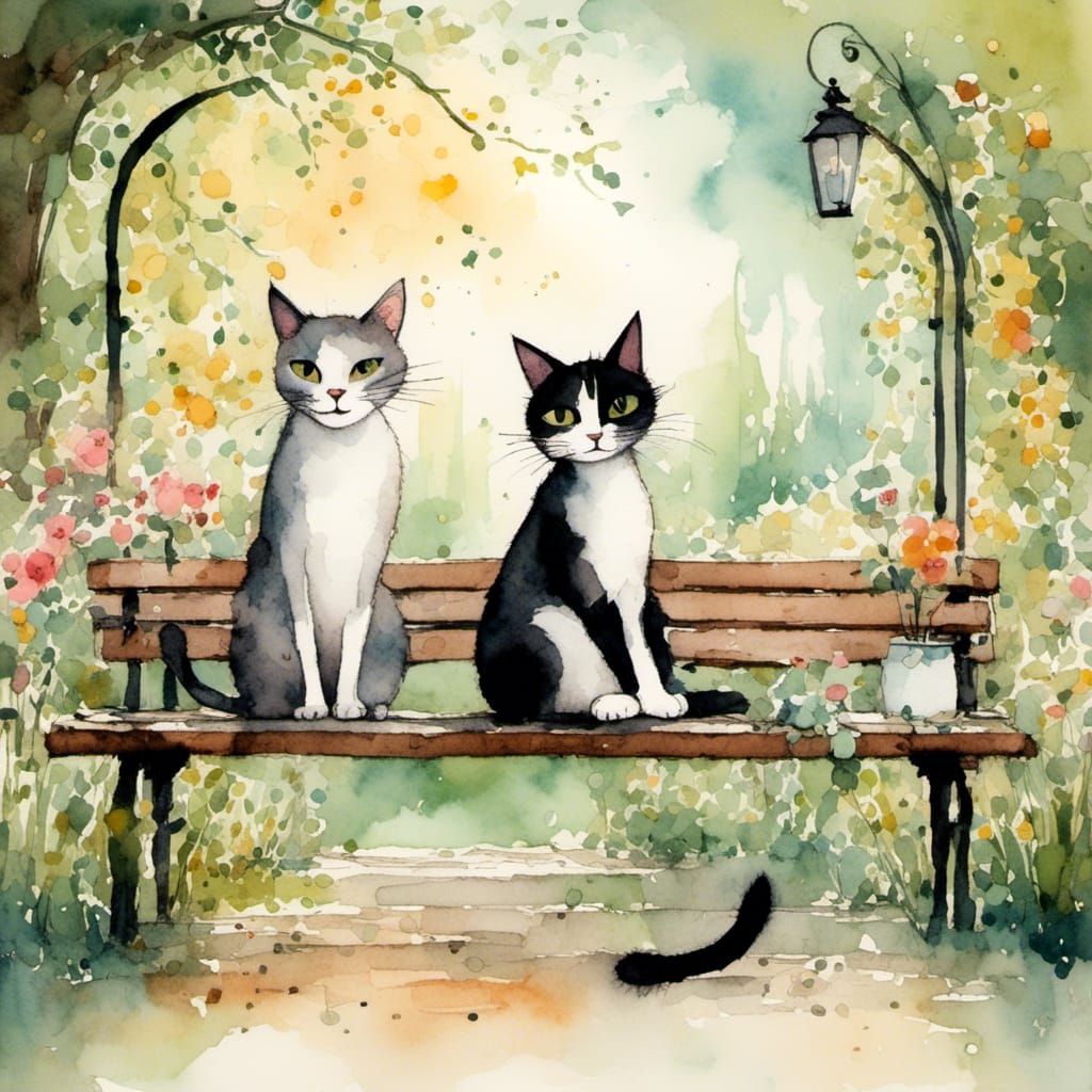 Whimsical Cats Chatting in a Sunny Garden