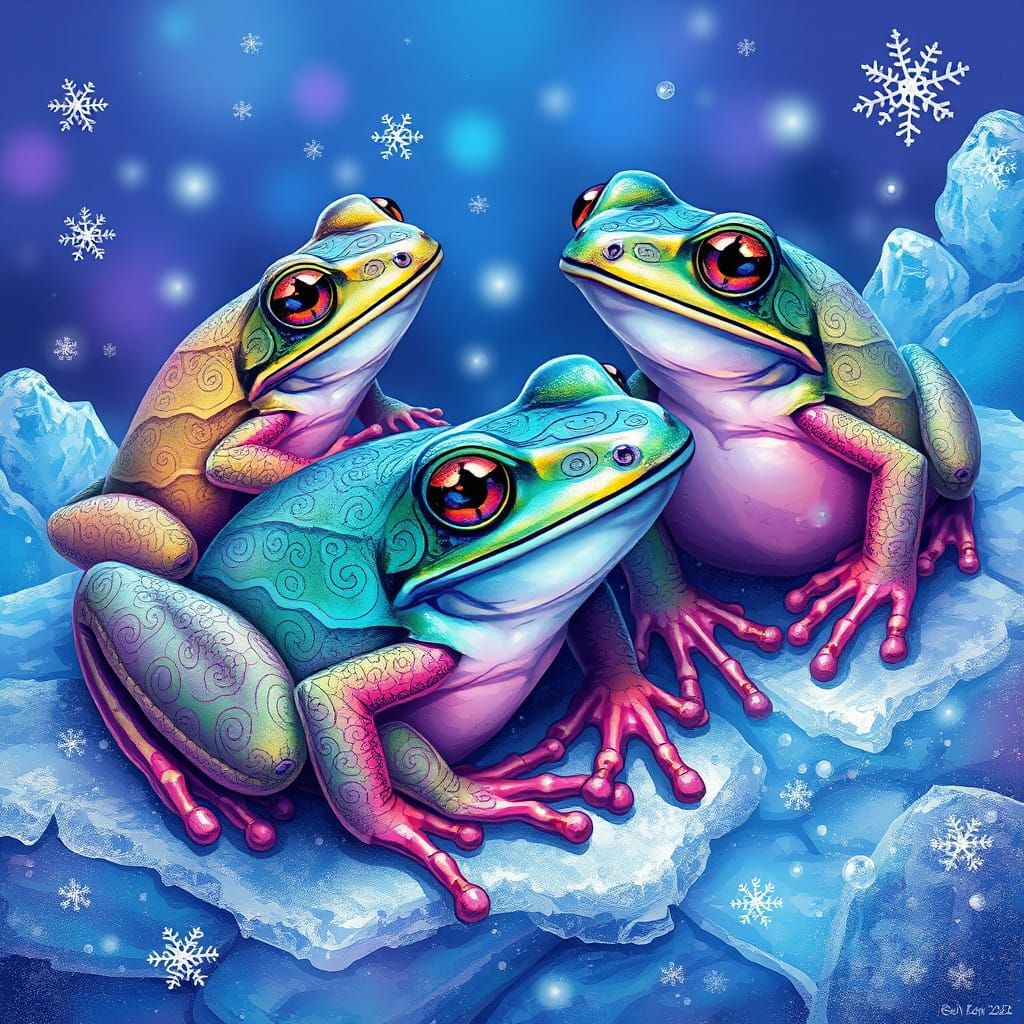 Whimsical Winter Wonderland Frogs in Vibrant, Dreamlike Scen...