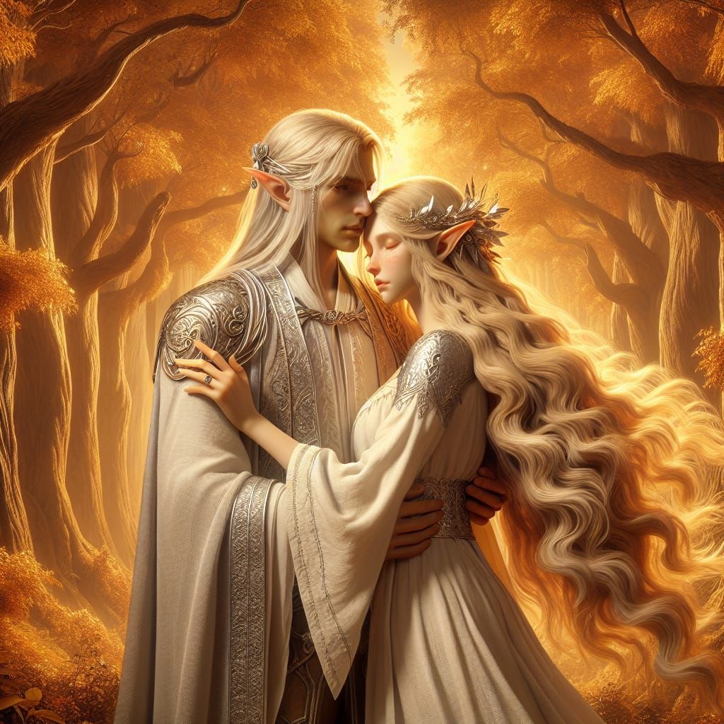 Elven Couple Embrace in Golden Forest, Detailed Matte Painti...