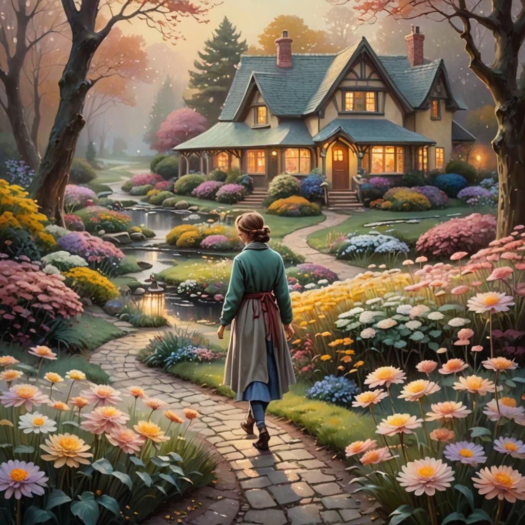 Ethereal Cottagecore Garden Scene in Kinkade Style