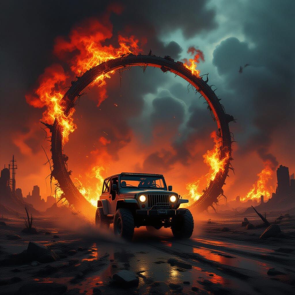 Surreal Post-Apocalyptic Wasteland with Fiery Hoop
