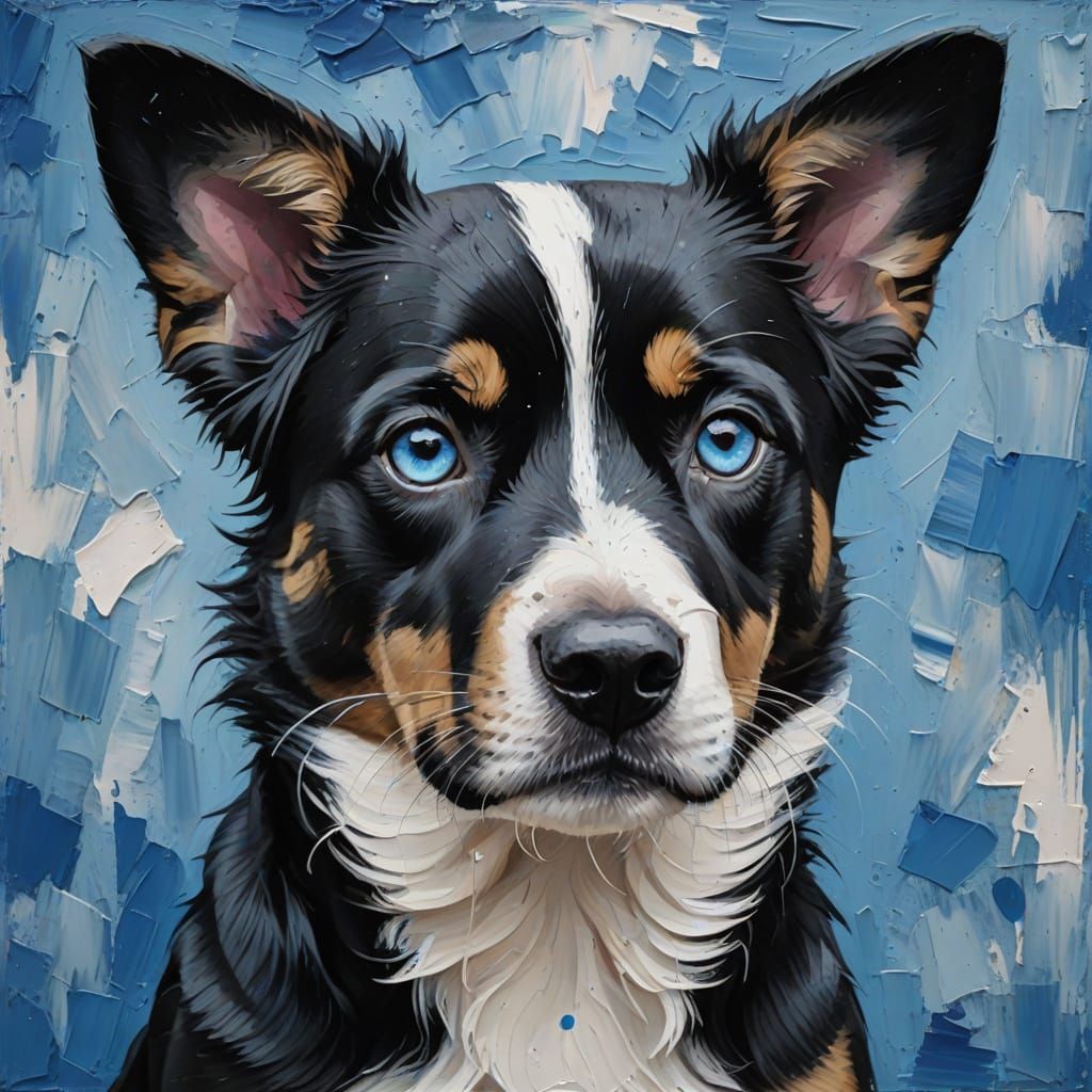 Intense Black and White Dog in Impasto Style