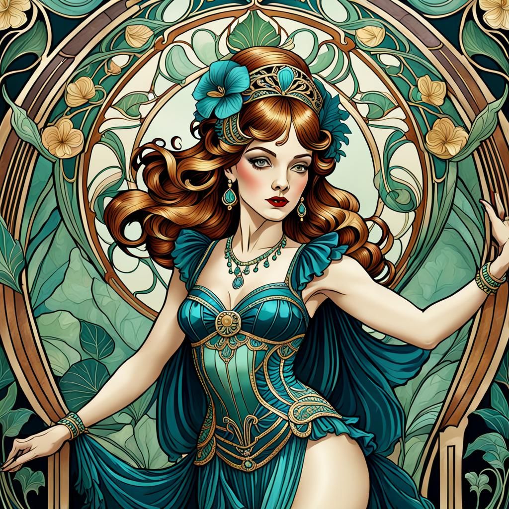 Art Nouveau Burlesque Dancer in Opulent Style