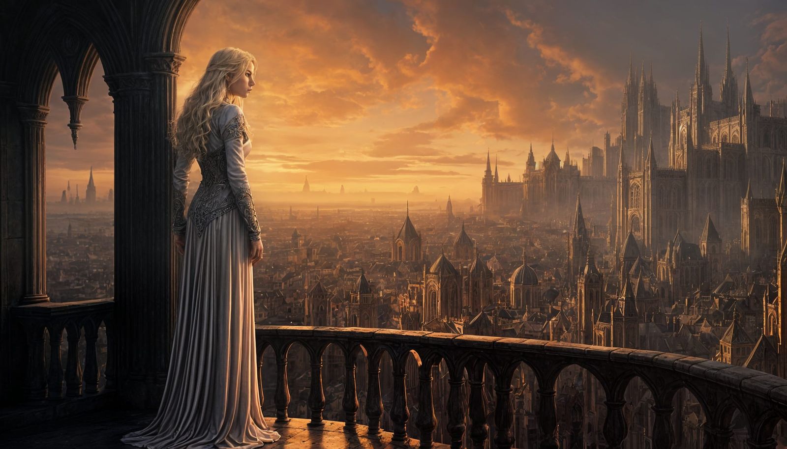 Ethereal Queen Overlooks Gothic Cityscape: Matte Painting