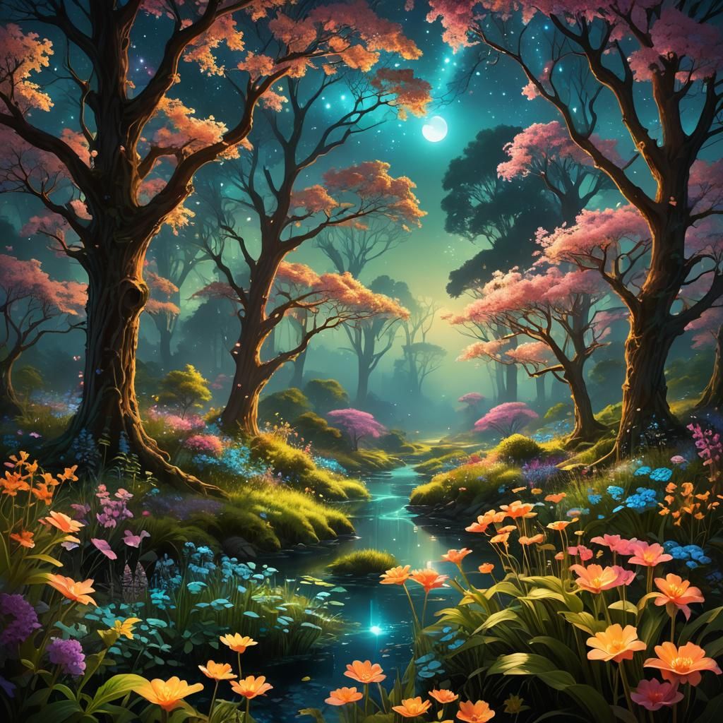 Bioluminescent Dreamscape: A Radiant Floral Landscape