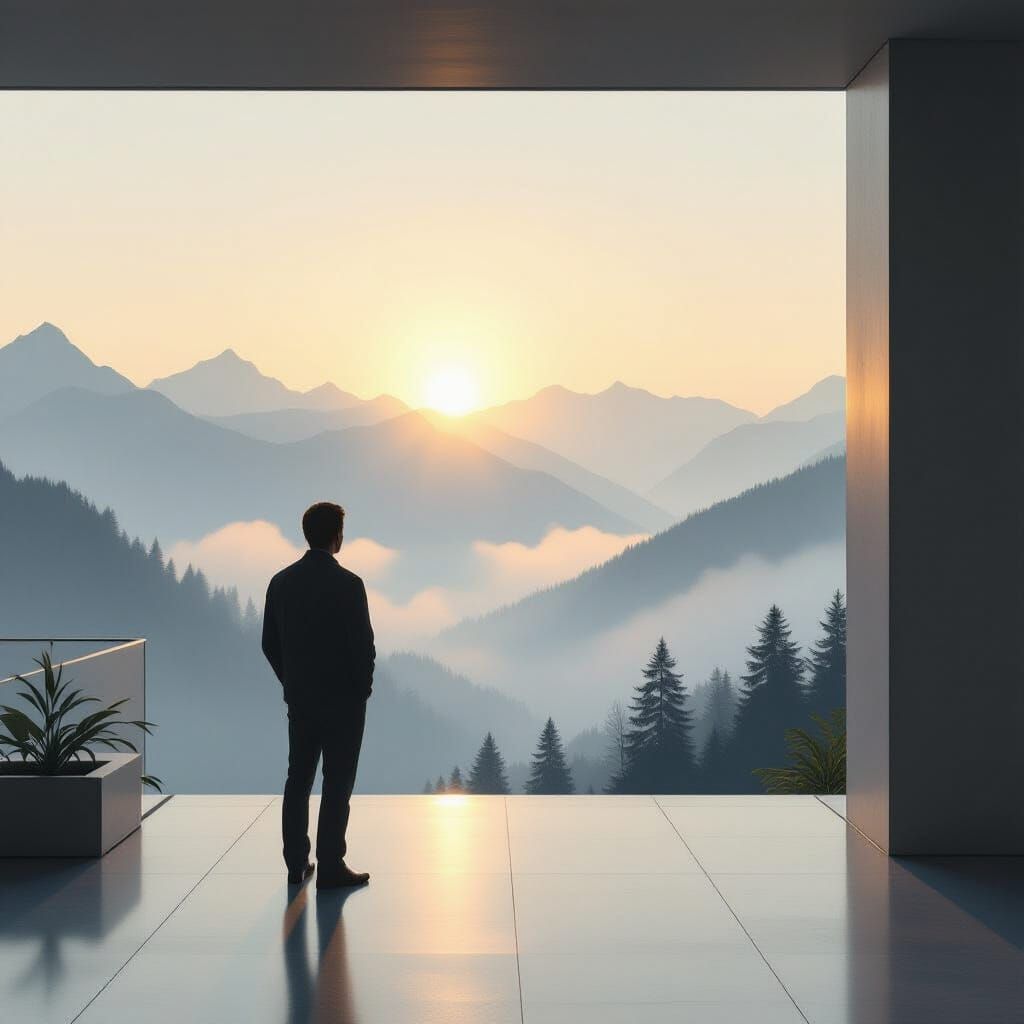 Man on Balcony Views Misty Mountains at Dawn in Watercolor S...