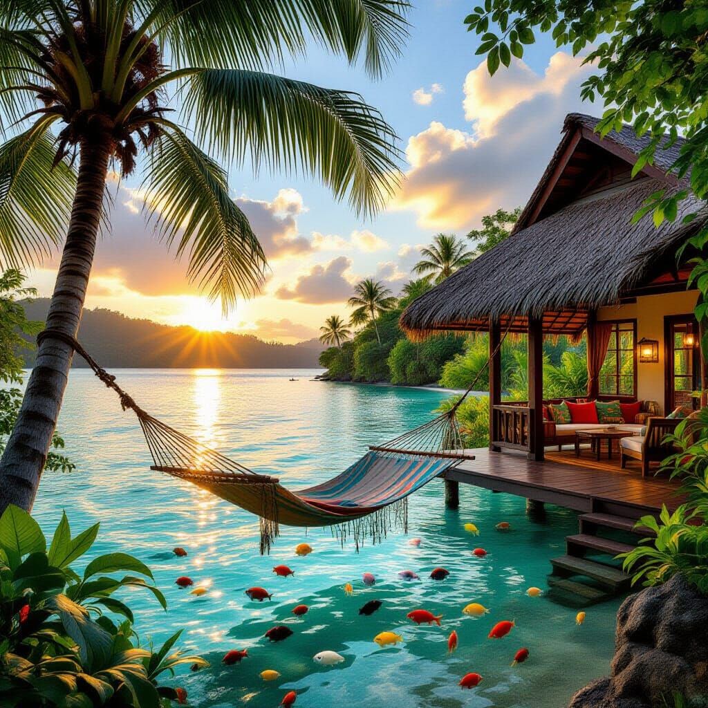 Cozy Jungle Villa at Sunset in Cinematic Style