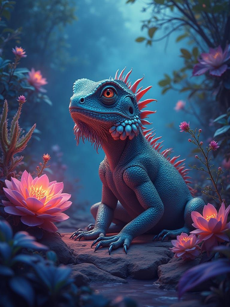 Majestic Bearded Dragon in Lush Glowing Garden