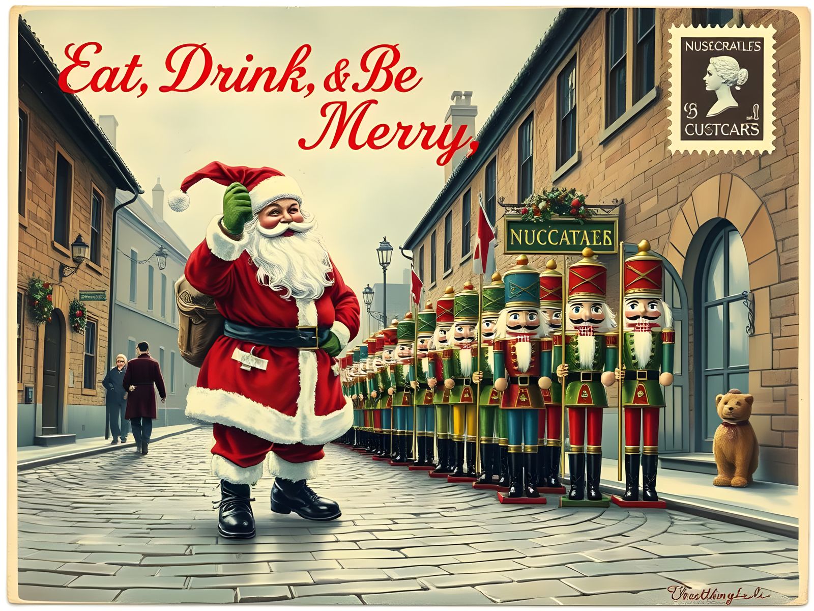 Vintage Santa Cheers Nutcrackers Postcard