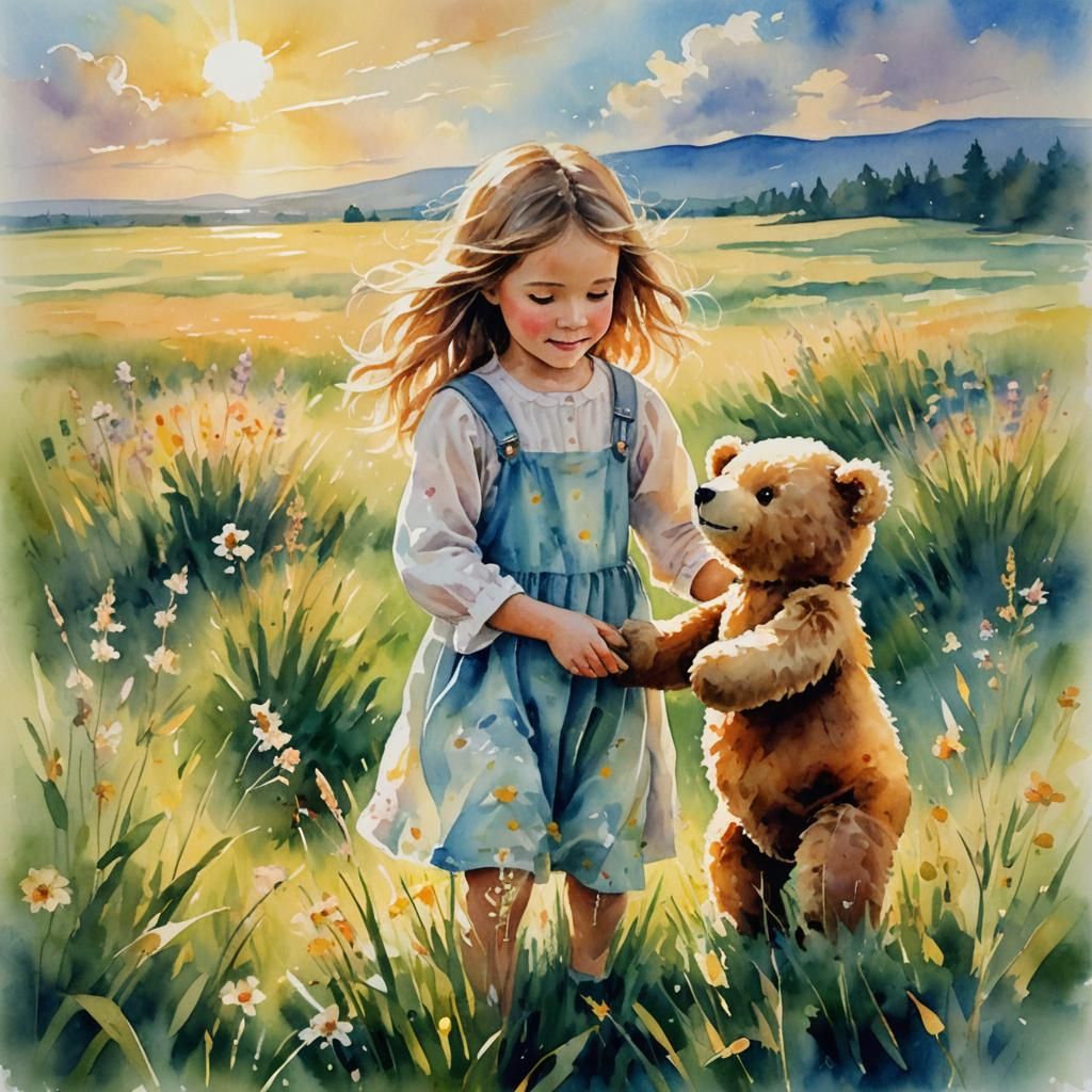 Teddy Bear and Girl in Sunny Meadow Watercolor