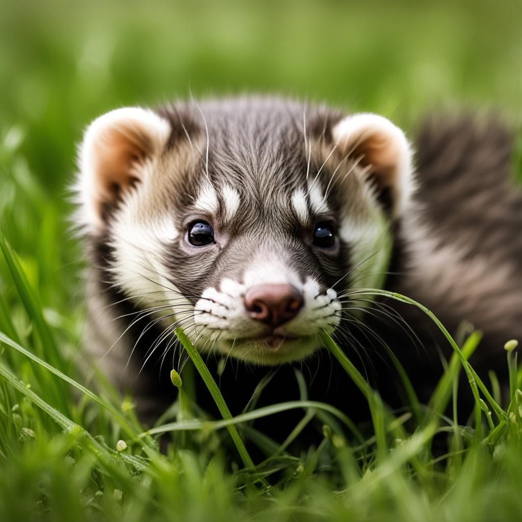 Ferret Cub Close-Up in Grass, Professional Photo