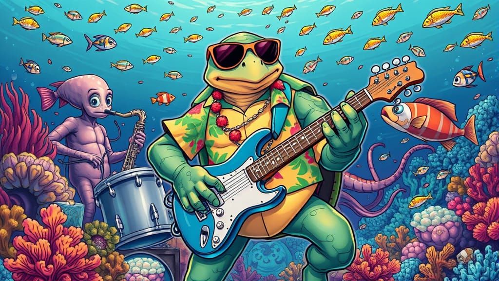 Cartoon Turtle Jamming with Sea Creature Band