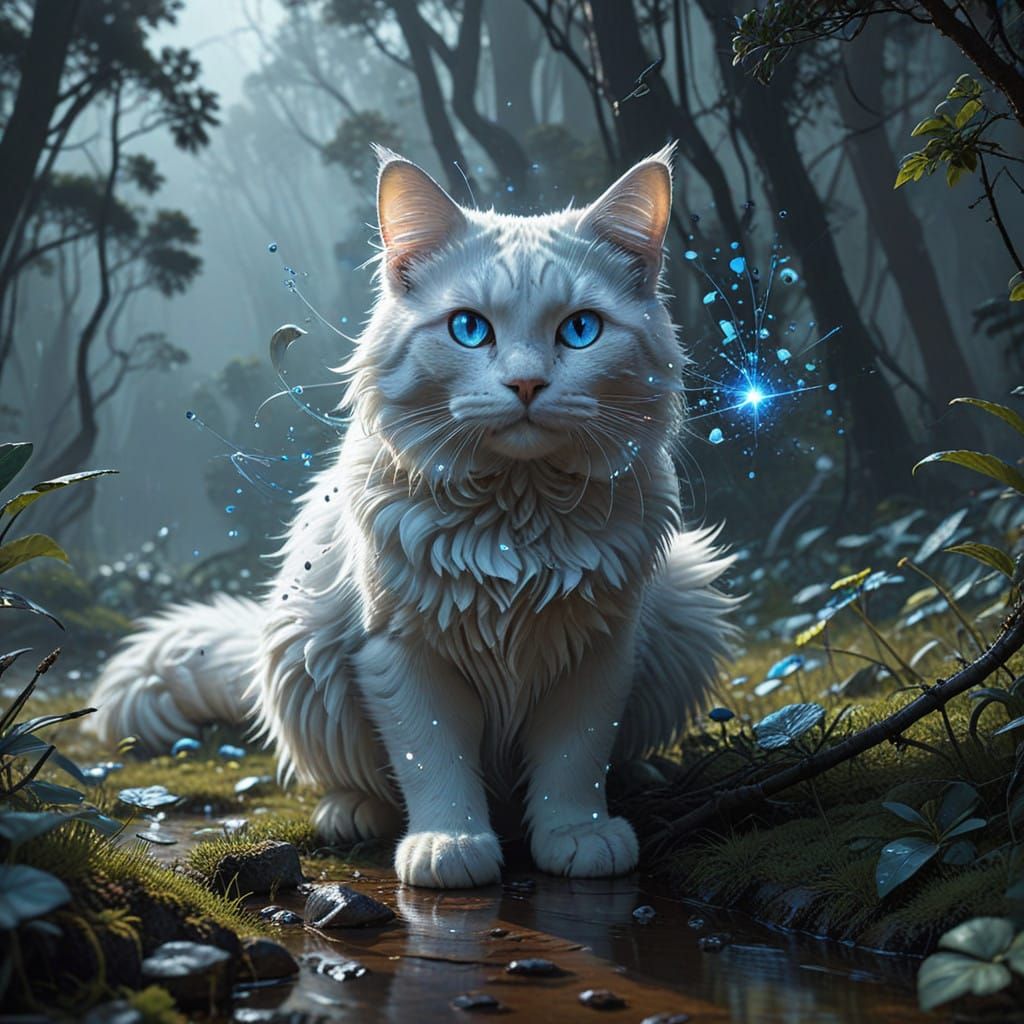 Ethereal White Cat in Radiant Celestial Scene
