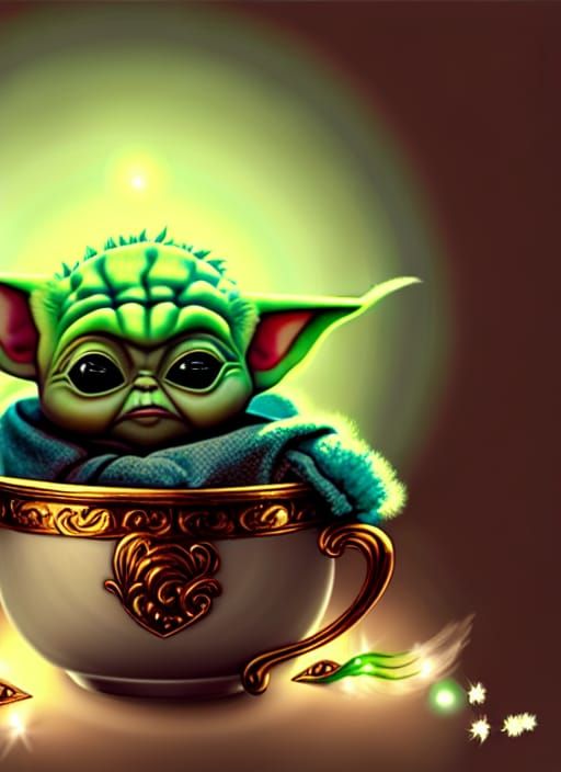 Cute Baby Yoda Sleeping in Teacup, Digital Art