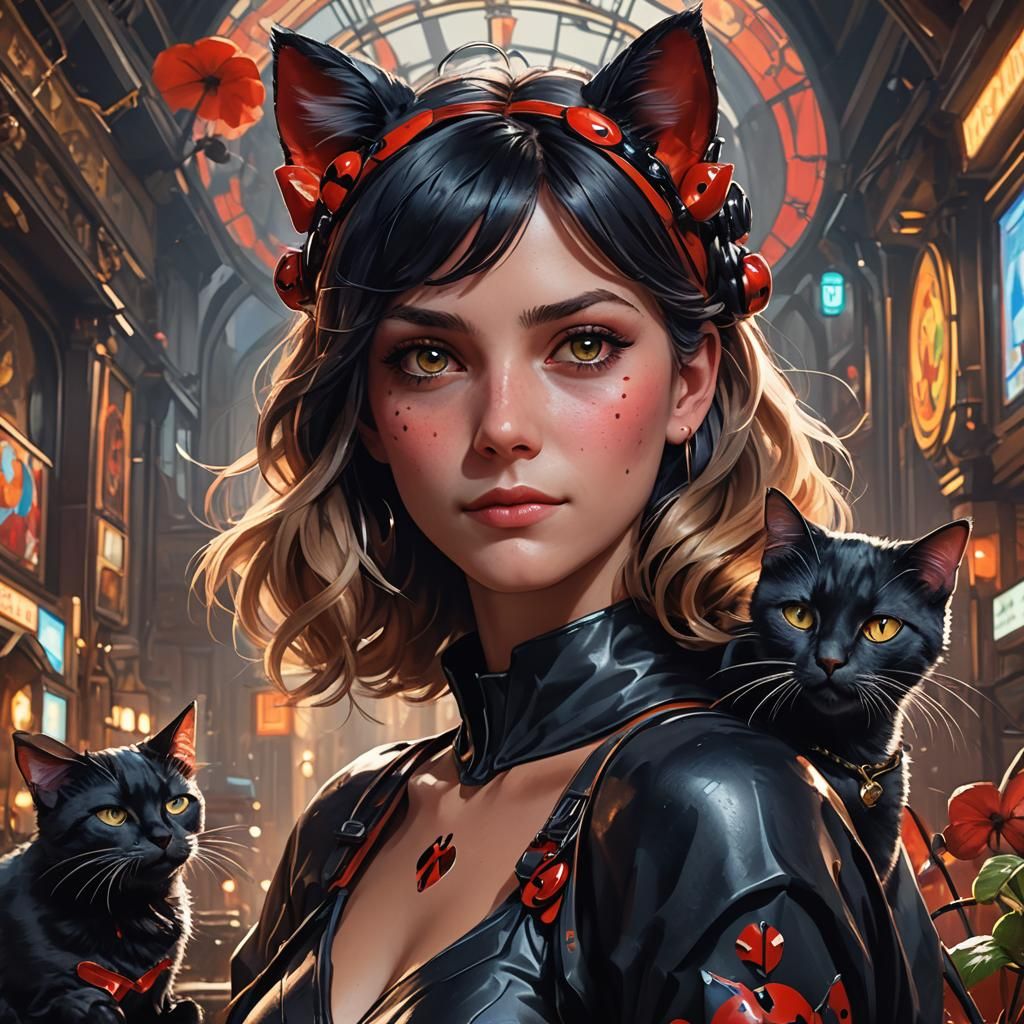 Ladybug and Black Cat Portrait in Art Nouveau Style