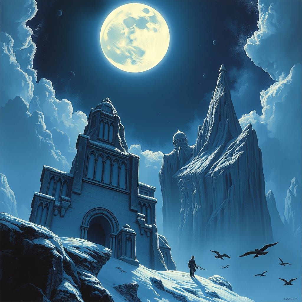 Surreal Moonlit Cityscape in Dark Fantasy Style