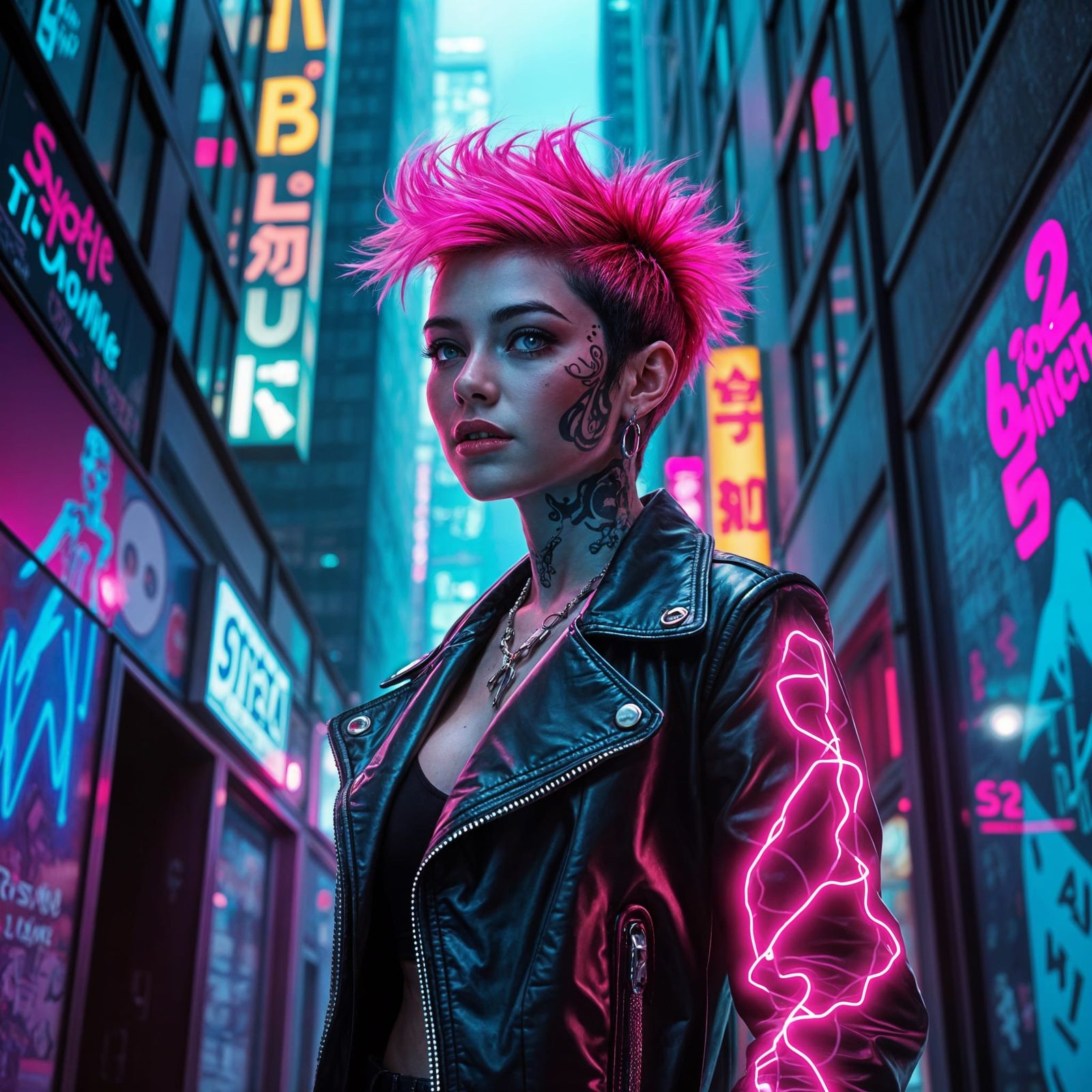 Cyberpunk Woman with Pink Hair and Tattoos