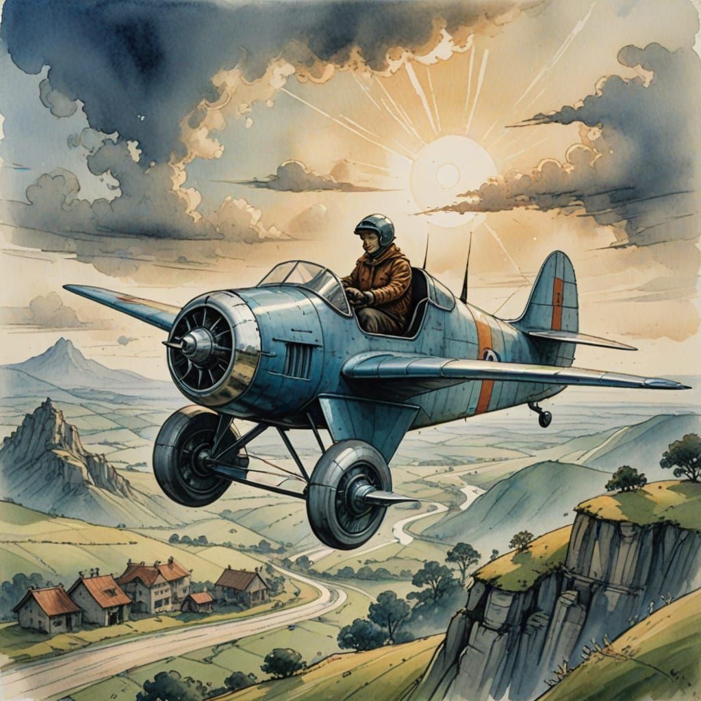 Futuristic Plane Soars Over Countryside in Whimsical Waterco...