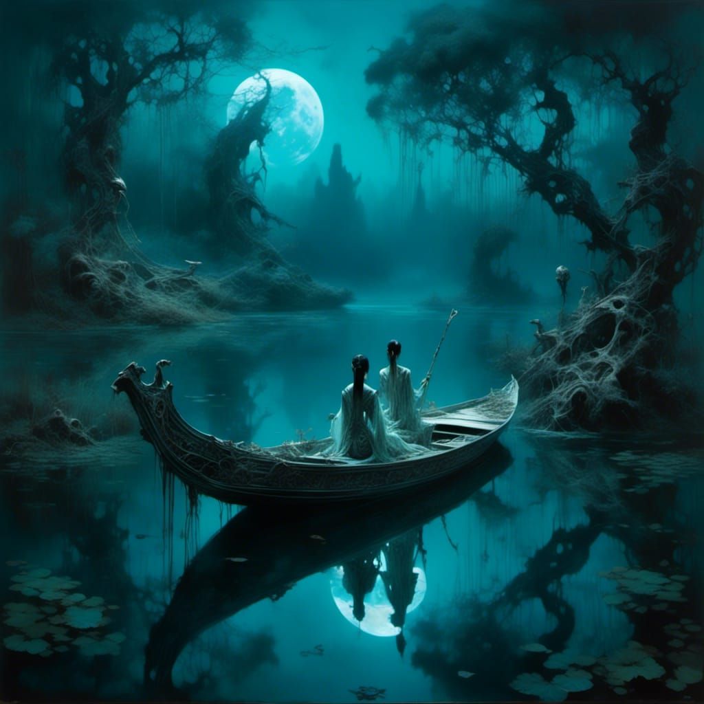 Ethereal River Ghosts on Bioluminescent Boat