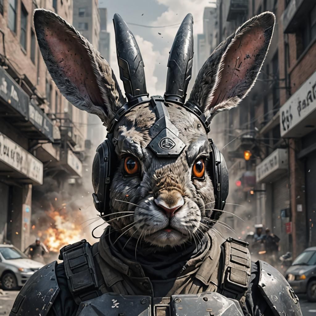 Un conejo humanoide ODSTs en Halo. Está mostrando su rostro curtido por la batalla mientras sostiene su casco, en un ent...