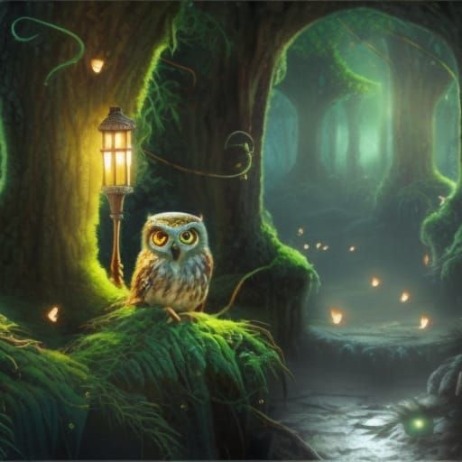 Enchanted Owl with Fairies and Glowing Lanterns