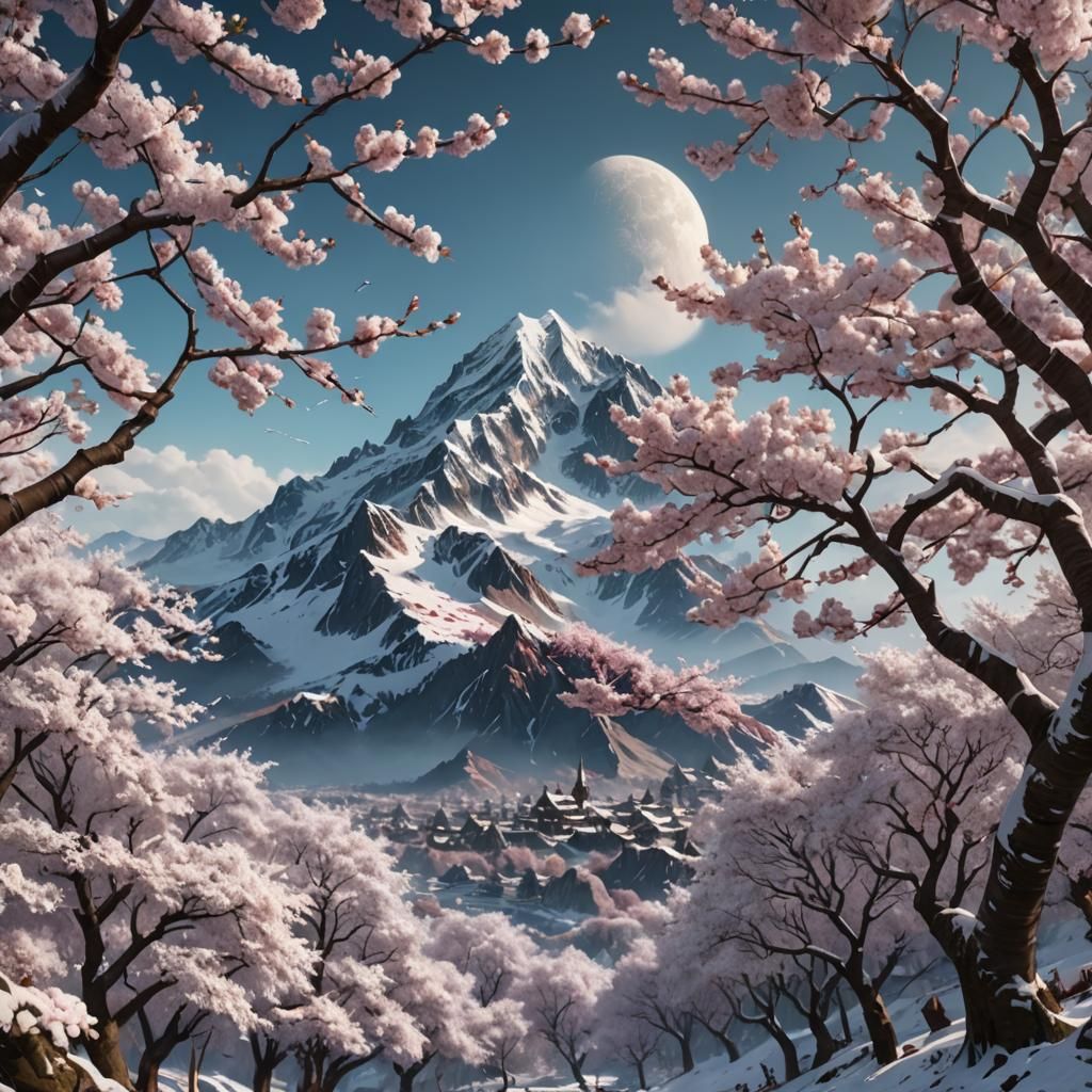 Snowy Mountain Peak Among Cherry Blossoms