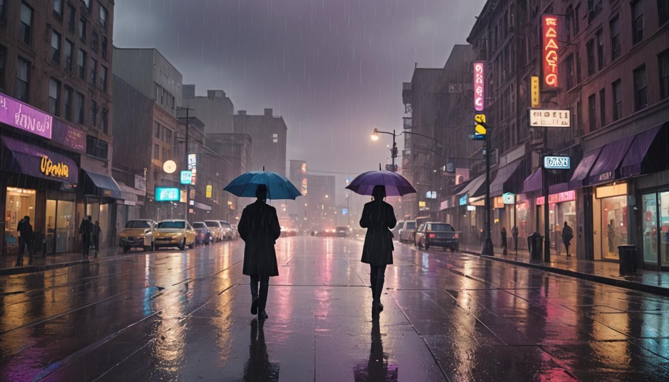 Rainy Cityscape with Neon Lights in Film Still
