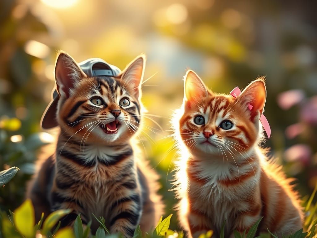 Adorable Cats in a Lush Garden with Golden Hour Light