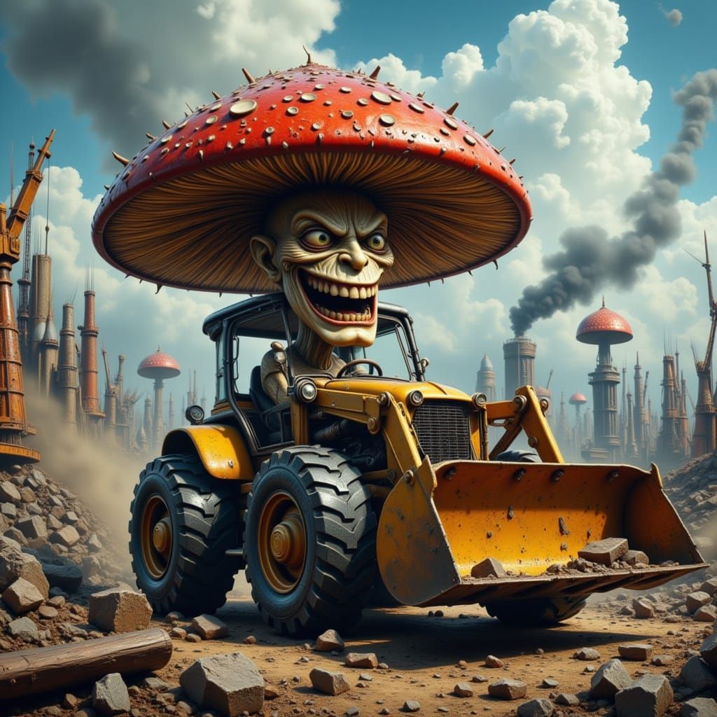 Angry Mushroom Drives Loader at Construction Site