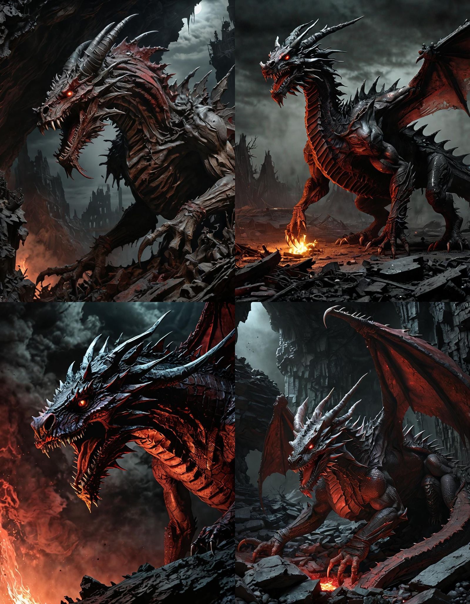 "Deranged, crimson Dragon, beast of (Satan:1.2) #film ruin rust. (Butchery:1.3) death dragon." Charcoal drawn moonscape,...