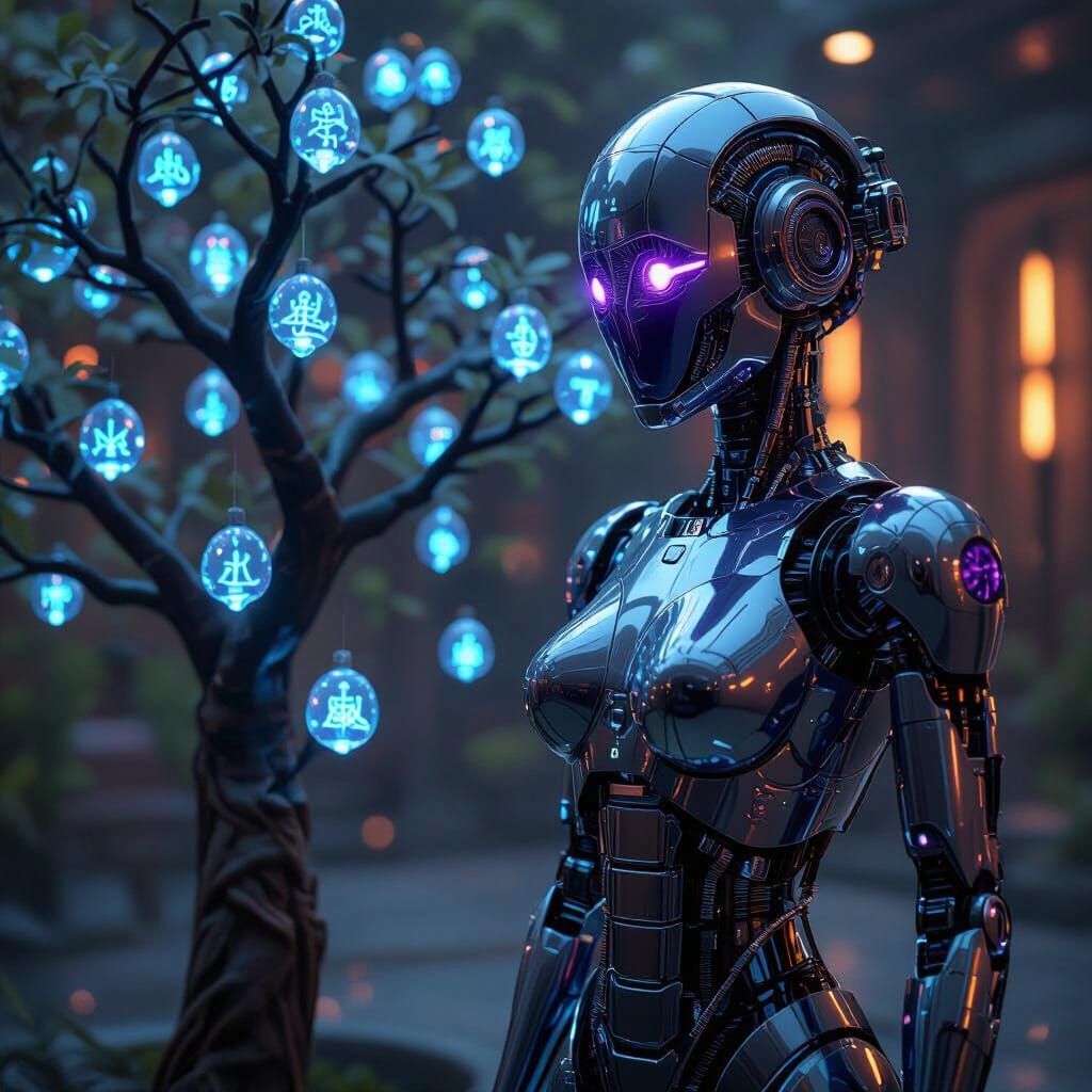 Futuristic Female Robot with Glowing Glyphs