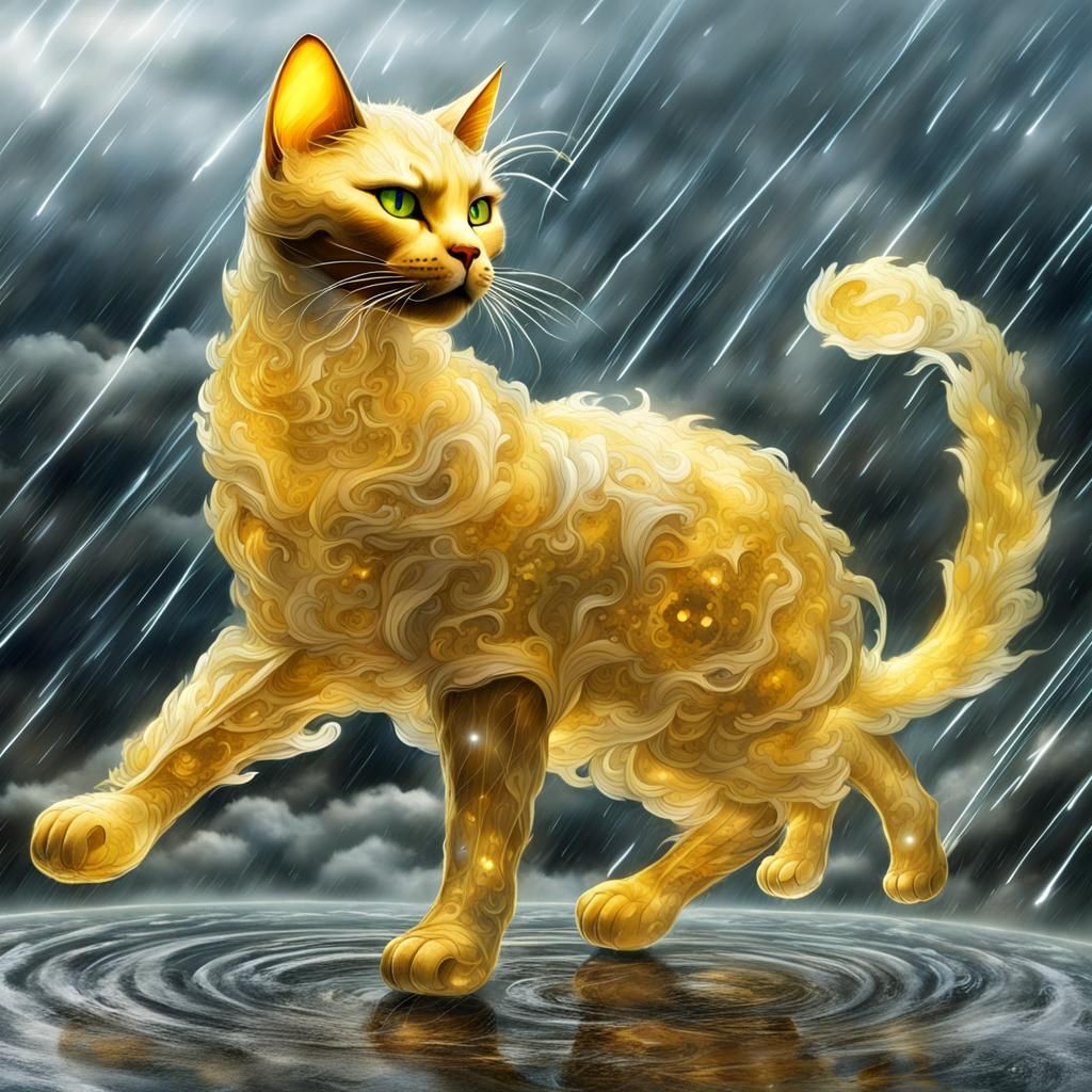 Crystal Cat Roman Warrior in Typhoon, Hyperrealistic