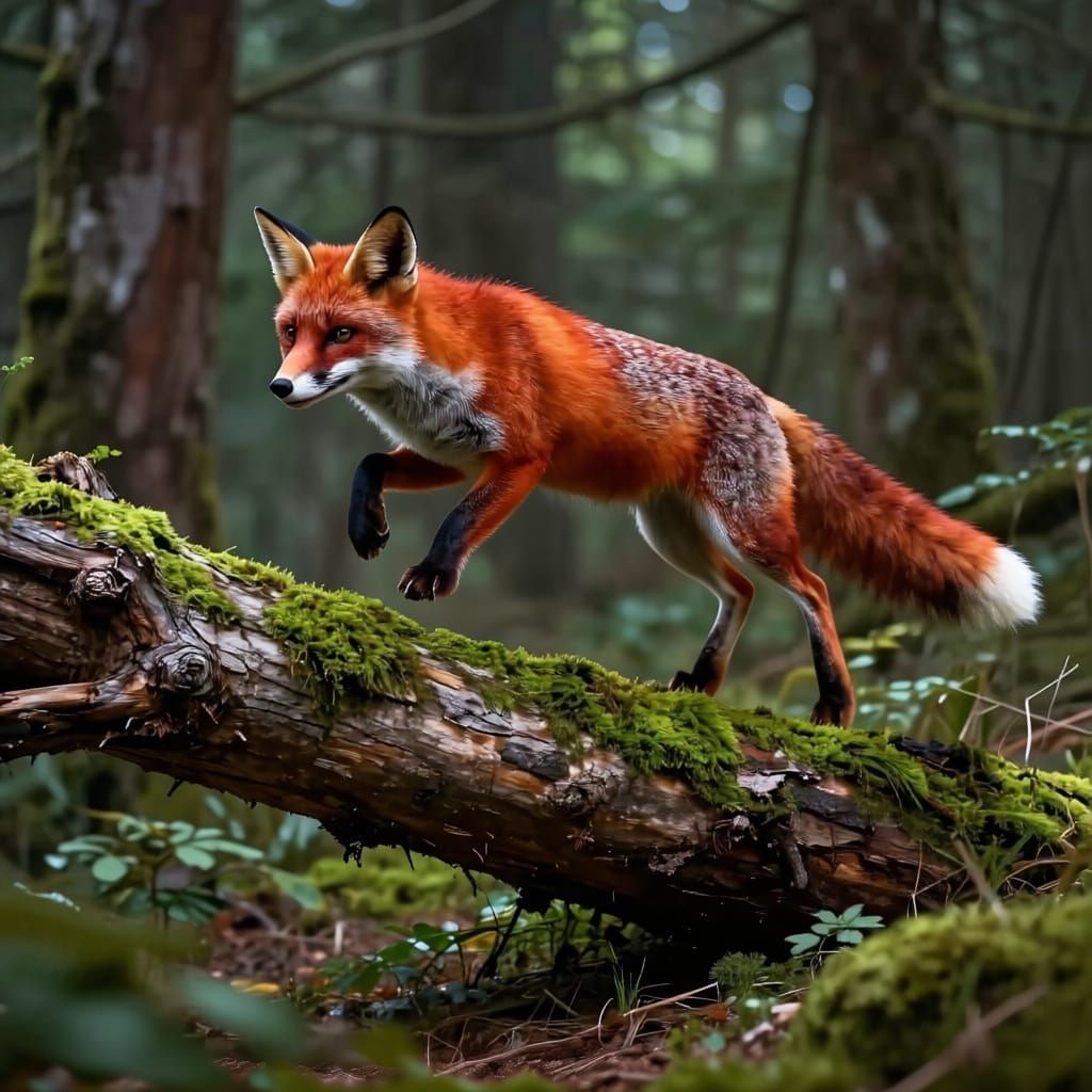 Red Fox Leaps Over Mossy Log in Fantasy Forest