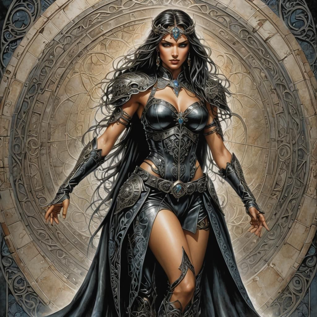 A full body shot of a captivating leather goddess in the mes...