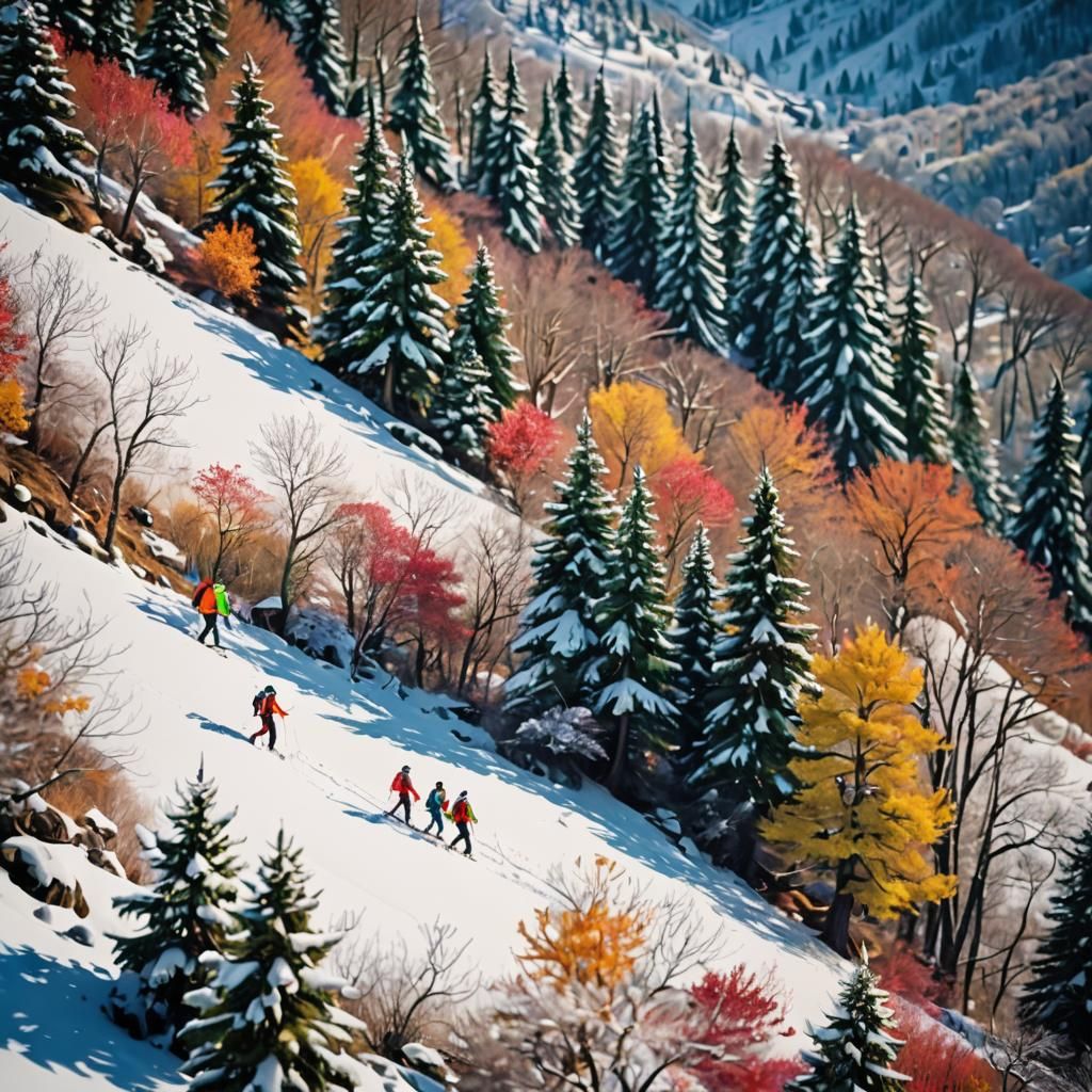 Miniature Hikers Trek Snowy Mountain, Tilt-Shift Style