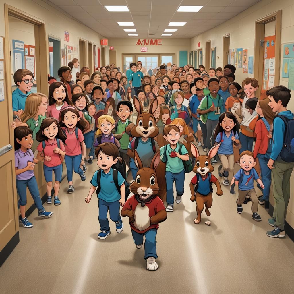 Animal Students in a Bustling School Hallway