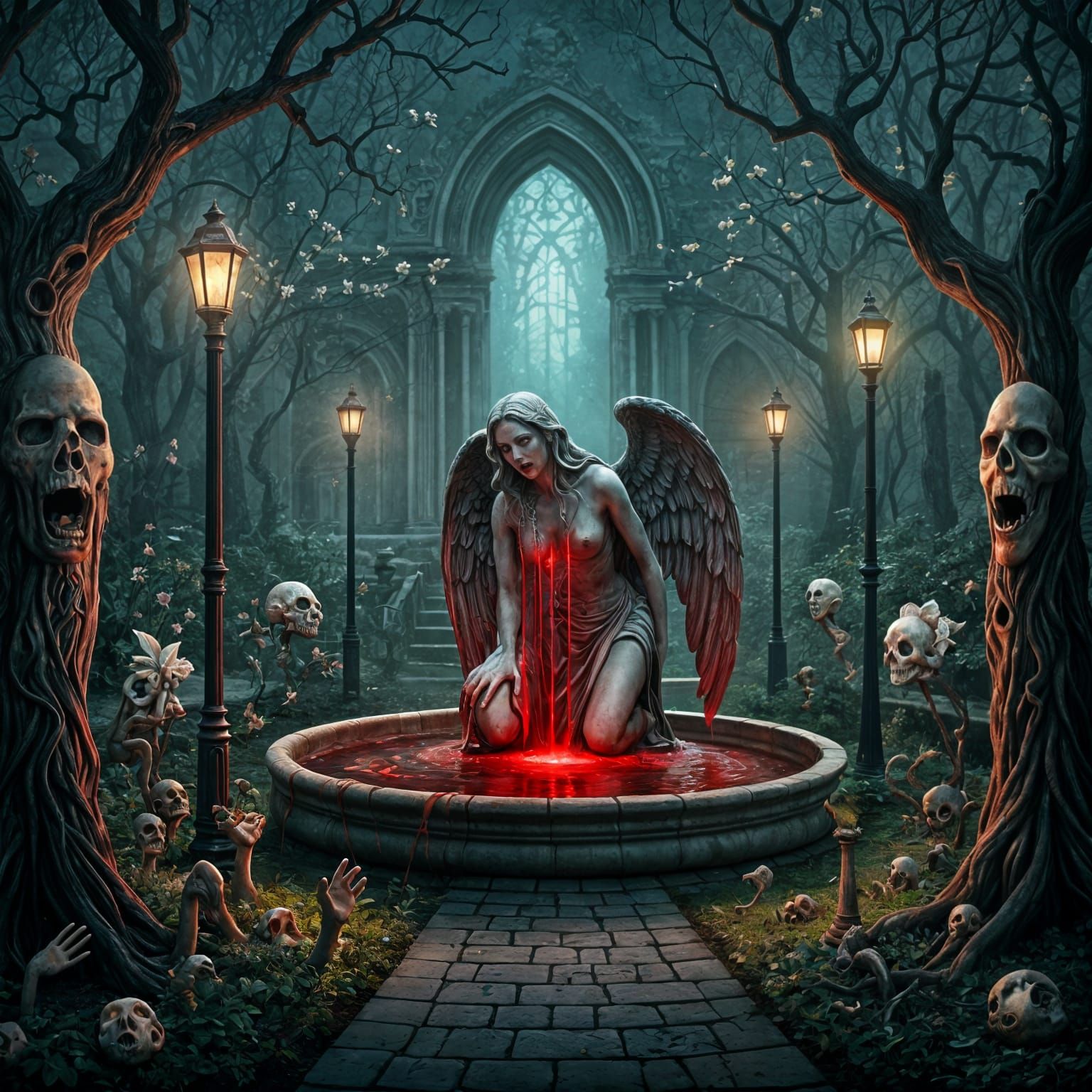 Grotesque Angel Statue in Creepy Garden