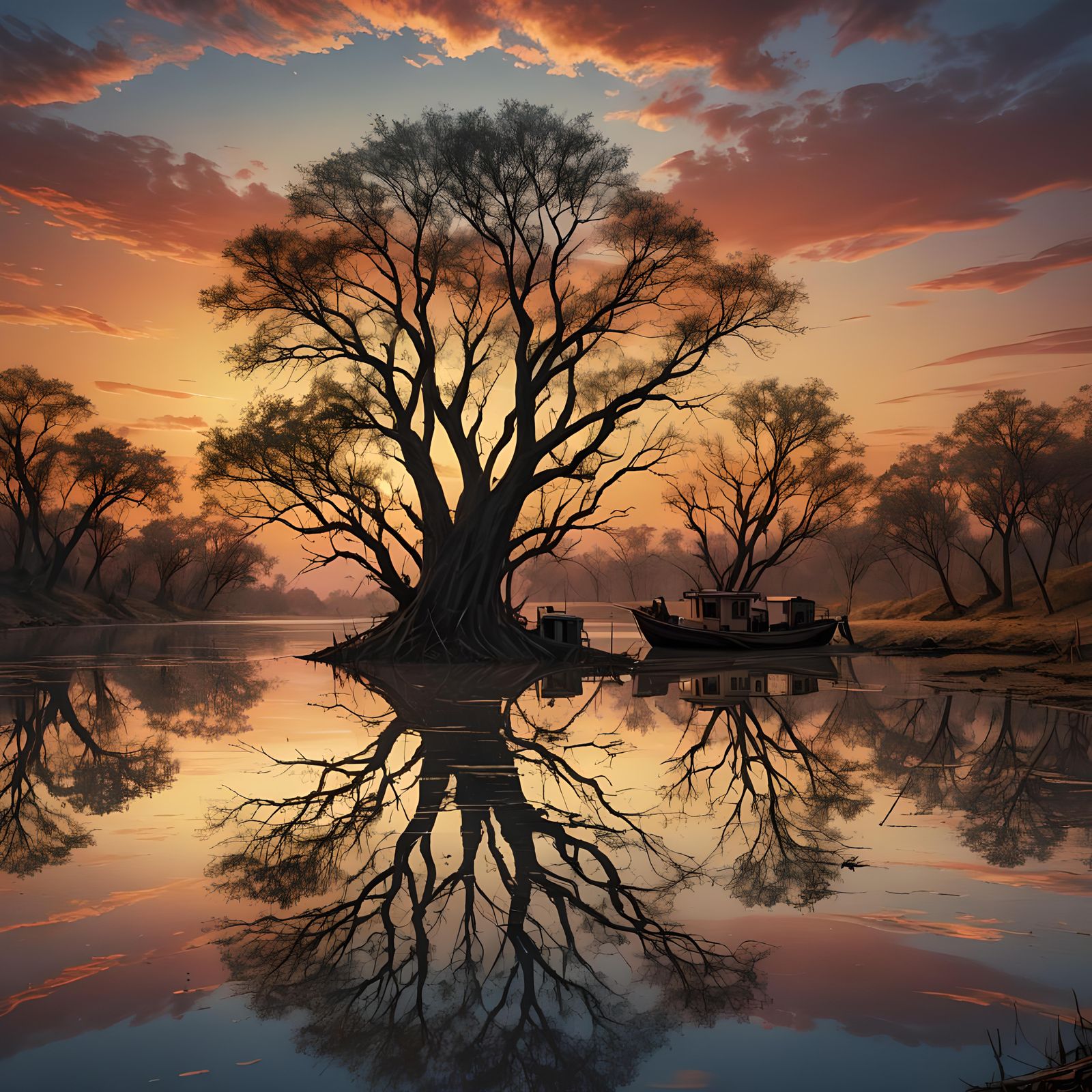 Vibrant Sunset Over Orinoco River with Fishing Boat