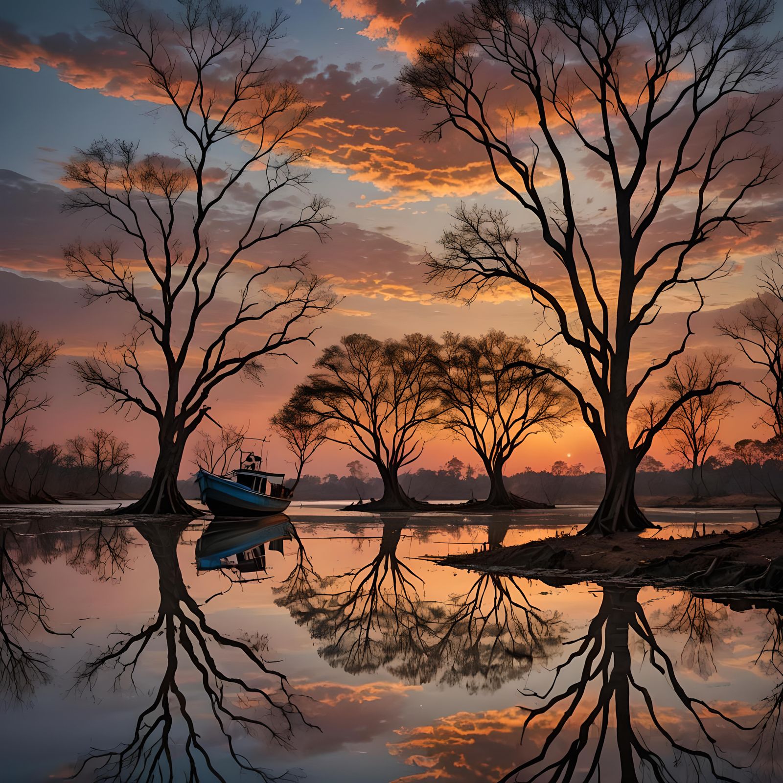 Vibrant Sunset Over Orinoco River with Fishing Boat