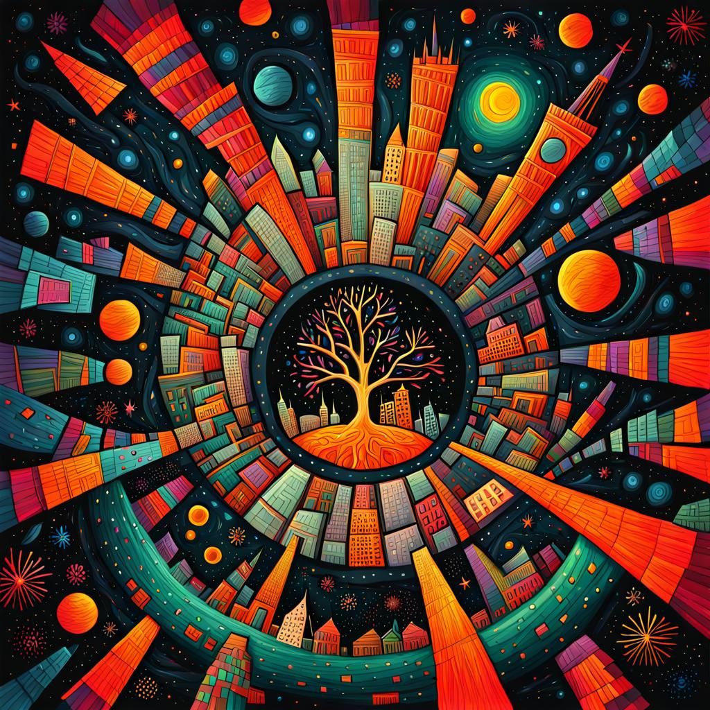 Peaceful Night City: Folk Art Graphic Drawing