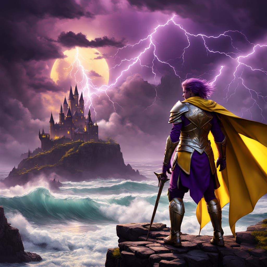 Warrior on Castle Wall Amidst Stormy Seas