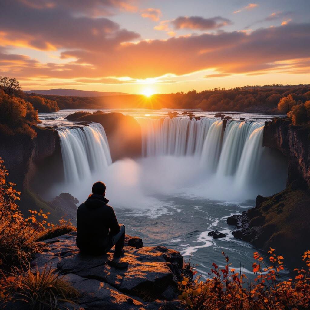 Lone Traveler Overlooks Autumn Waterfall Landscape