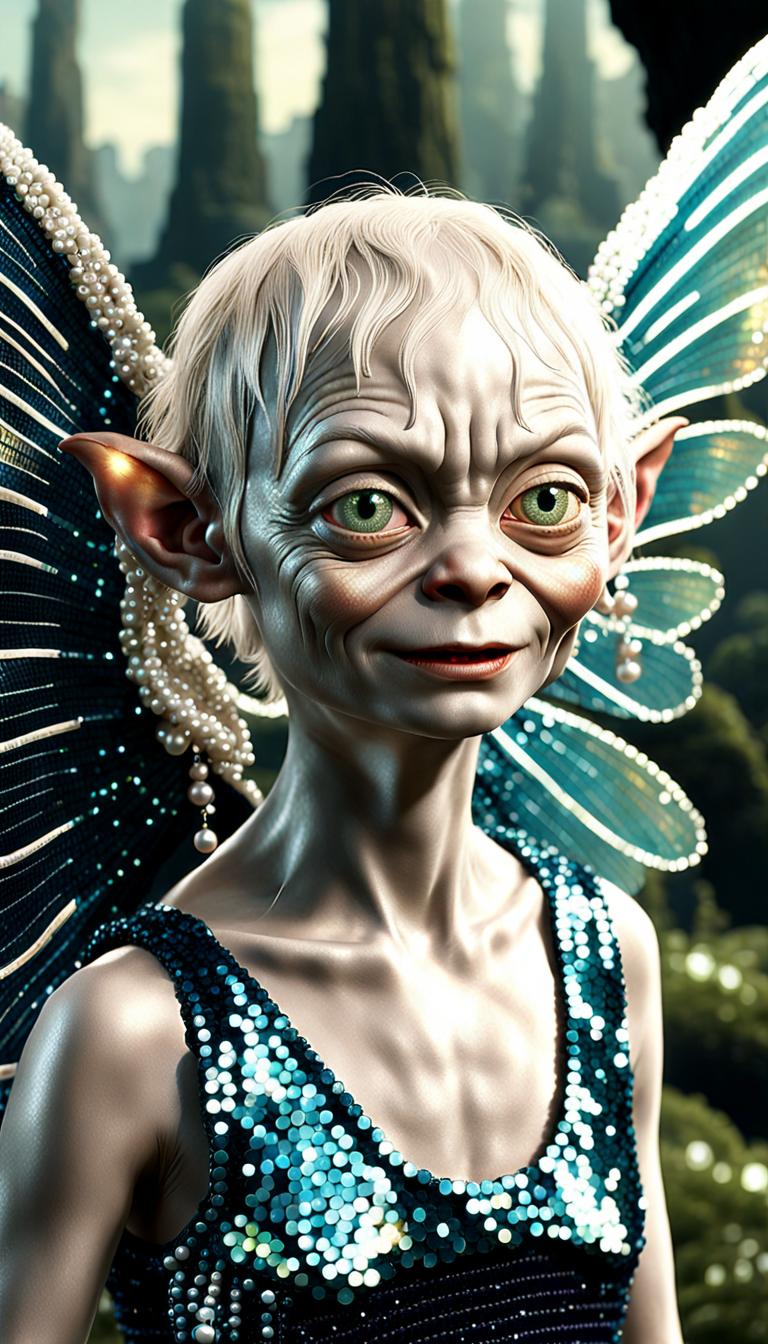 High resolution vintage photograph of (Gollum:1.6) dressed in a vintage 1920s sequinned flapper dress wearing pearls, ea...